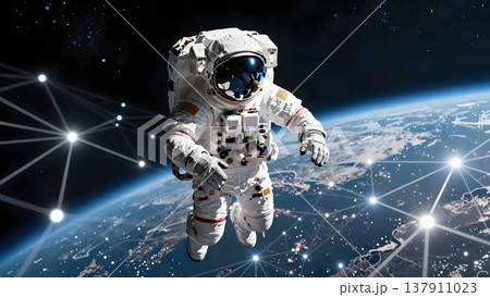 宇宙空間に浮かぶ宇宙飛行士とデジタルネットワークで可視化された地球 137911023