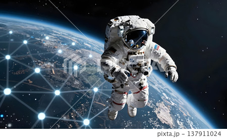 人類とテクノロジーの融合を表現した深宇宙のアストロノートコンセプト 137911024