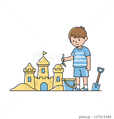 Creative Children Building Sandcastles - 2d Vector Illustration 137911498
