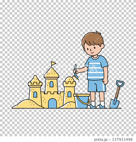 Creative Children Building Sandcastles - 2d Vector Illustration 137911498