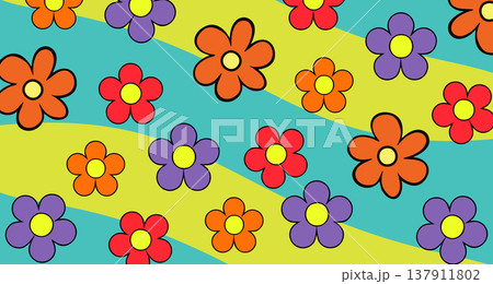 Retro Hippie Flower Power Background with Bold Colors and Groovy Vibes 137911802