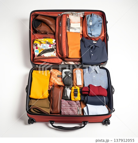 Suitcase Organized with Clothes and Travel Items. Preparing For Vacation. Suitcase Organized with Clothes and Travel Items. Preparing For Vacation. 137912055