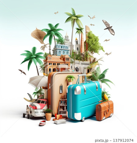 Tropical Getaway Concept Suitcases, Architecture, and Palm Trees for Travel Advertisements Tropical Getaway Concept Suitcases, Architecture, and Palm Trees for Travel Advertisements 137912074