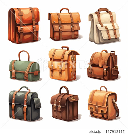 Vintage Bag Collection Classic Satchels and Leather Backpacks for Timeless Style. Isolated. 137912115