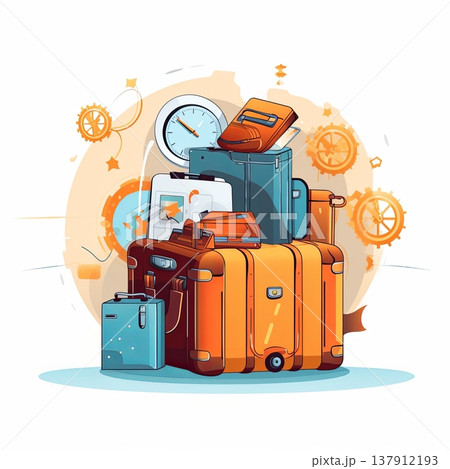 Vintage Luggage Stack with Clock and Gears, Travel Planning Concept Vintage Luggage Stack with Clock and Gears, Travel Planning Concept 137912193