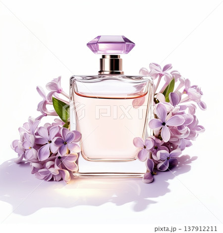 Elegant Clear Round Glass Perfume Bottle with Gold Cap and Purple Floral Design on White Background Elegant Clear Round Glass Perfume Bottle with Gold Cap and Purple Floral Design on White Background 137912211