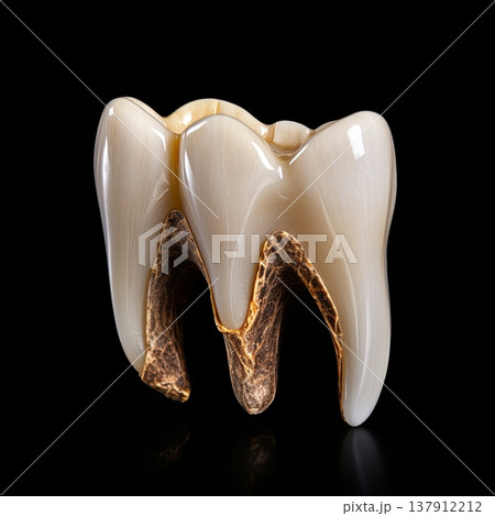 Dental Crown Model Isolated on Black Background. Precision Craftsmanship in Tooth Restoration. Dental Crown Model Isolated on Black Background. Precision Craftsmanship in Tooth Restoration. 137912212