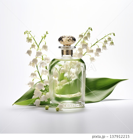 Elegant Transparent Square Glass Perfume Bottle with Silver Cap and White Lily Flowers on Display Elegant Transparent Square Glass Perfume Bottle with Silver Cap and White Lily Flowers on Display 137912215