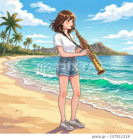 海辺でソプラノサックスを吹く可愛い女性 137912319
