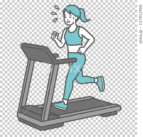 A woman running on a treadmill, sweating profusely and appearing to be in distress. A woman running on a treadmill, sweating profusely and appearing to be in distress. 137912408