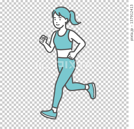 ランニング（ジョギング）をして笑顔で走る女性のイラスト 137912413