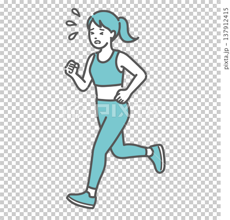 一幅插圖，描繪了一位正在跑步（慢跑）的女子，她看起來筋疲力盡，渾身是汗。 137912415