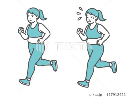 ぽっちゃり女性のランニング比較イラスト(笑顔と汗だく・快適と疲労) ぽっちゃり女性のランニング比較イラスト(笑顔と汗だく・快適と疲労) 137912421