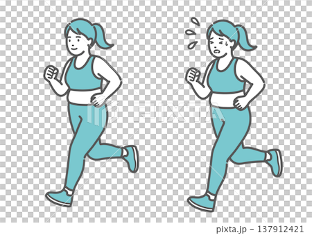 ぽっちゃり女性のランニング比較イラスト(笑顔と汗だく・快適と疲労) ぽっちゃり女性のランニング比較イラスト(笑顔と汗だく・快適と疲労) 137912421