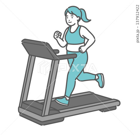 トレッドミルで笑顔でランニングをするぽっちゃり女性のイラスト 137912422
