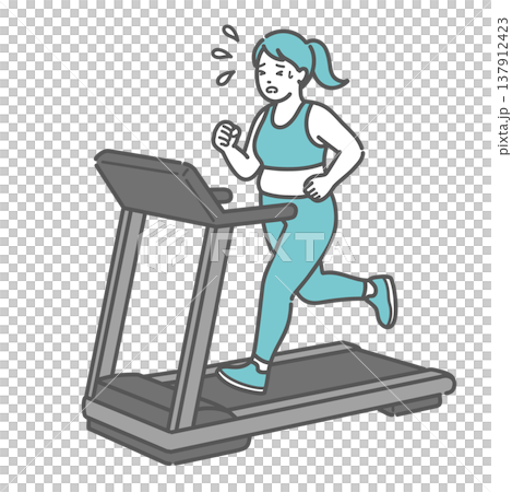 An illustration of a chubby woman sweating and running hard on a treadmill. 137912423