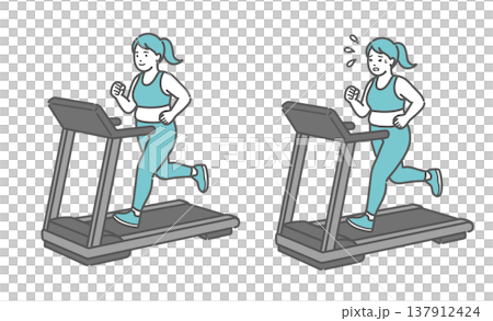 ぽっちゃり女性のトレッドミル比較イラスト(笑顔と汗だく・快適と疲労) ぽっちゃり女性のトレッドミル比較イラスト(笑顔と汗だく・快適と疲労) 137912424