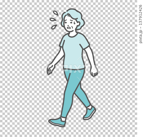 汗をかいて苦しそうにウォーキング(歩行)をするシニア女性のイラスト 汗をかいて苦しそうにウォーキング(歩行)をするシニア女性のイラスト 137912426