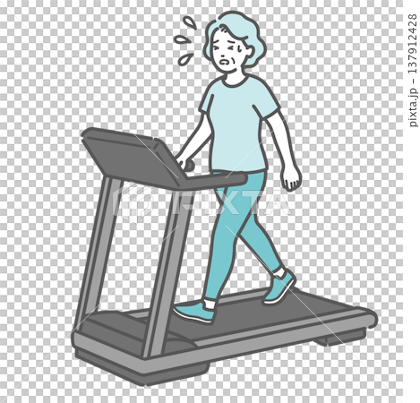 一幅插圖，描繪了一位老年婦女在跑步機上汗流浹背、步履蹣跚地行走。 137912428