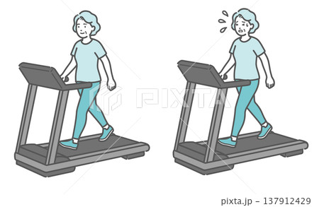 トレッドミルでウォーキングをするシニア女性の比較イラスト(適度な運動と疲労) トレッドミルでウォーキングをするシニア女性の比較イラスト(適度な運動と疲労) 137912429