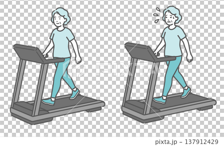 トレッドミルでウォーキングをするシニア女性の比較イラスト(適度な運動と疲労) トレッドミルでウォーキングをするシニア女性の比較イラスト(適度な運動と疲労) 137912429