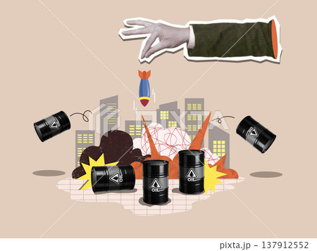 Collage Oil barrels and missile threat over urban landscape 137912552