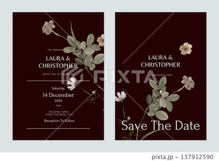 Floral wedding invitation card template design, flowers and lignum vitae leaves on dark grey Floral wedding invitation card template design, flowers and lignum vitae leaves on dark grey 137912590