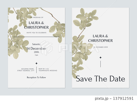 Foliage wedding invitation card template design, green lignum vitae leaves on grey 137912591