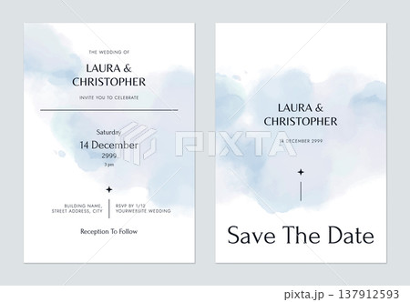 Wedding invitation card template design, blue watercolor on white Wedding invitation card template design, blue watercolor on white 137912593