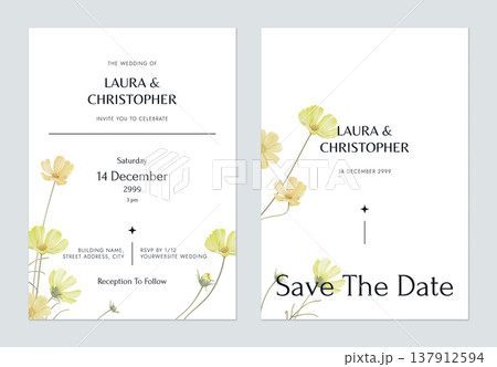 Floral wedding invitation card template design, yellow cosmos flowers on white Floral wedding invitation card template design, yellow cosmos flowers on white 137912594