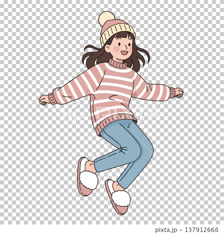 Joyful Girl Wearing Slippers Jumping with Joy - 2d Vector Illustration 137912668
