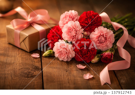 赤とピンクのカーネーションの花束 137912743