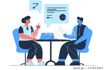 ノートパソコンとデータグラフを前に議論する男女・分析やコンサルのイメージイラスト ノートパソコンとデータグラフを前に議論する男女・分析やコンサルのイメージイラスト 137913007