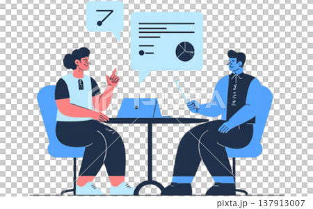 ノートパソコンとデータグラフを前に議論する男女・分析やコンサルのイメージイラスト ノートパソコンとデータグラフを前に議論する男女・分析やコンサルのイメージイラスト 137913007