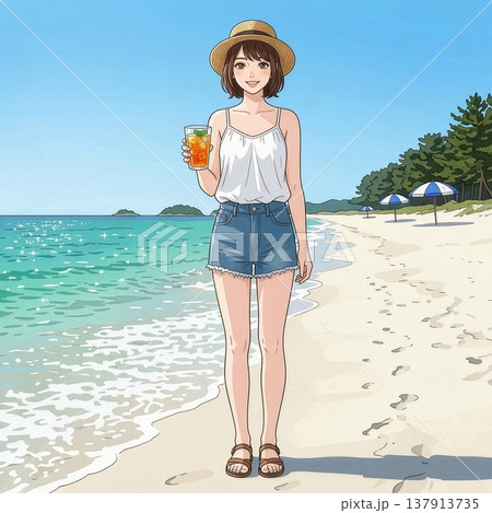 海辺で飲み物を飲む可愛い女性 137913735