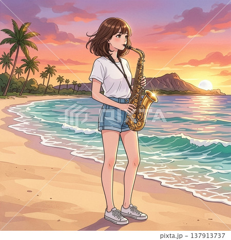 海辺でアルトサックスを吹く可愛い女性 137913737