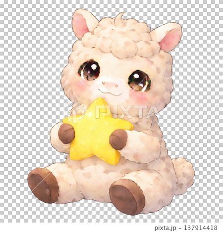 一幅羊駝手持星星的插畫。 137914418