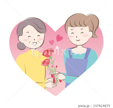 母の日にカーネーションの花束を渡す女性　 137914675