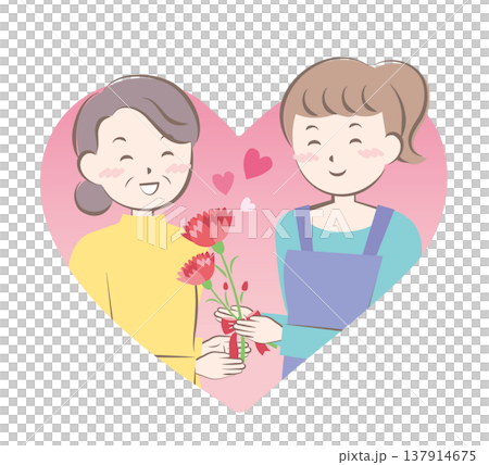 母の日にカーネーションの花束を渡す女性　 137914675