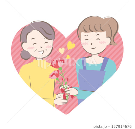 母の日にカーネーションの花束を渡す女性　 137914676