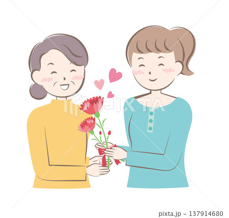 母の日にカーネーションの花束を渡す女性　 137914680