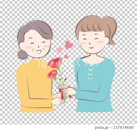 母の日にカーネーションの花束を渡す女性　 137914680
