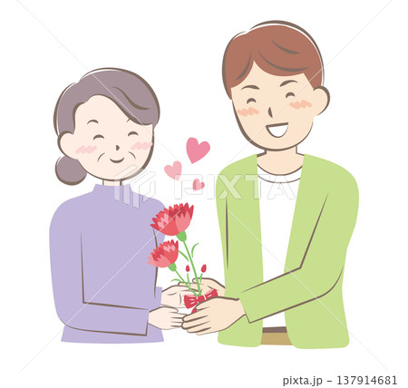 母の日にカーネーションの花束を渡す男性 137914681