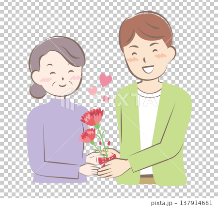 母の日にカーネーションの花束を渡す男性 137914681