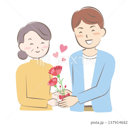 母の日にカーネーションの花束を渡す男性 137914682