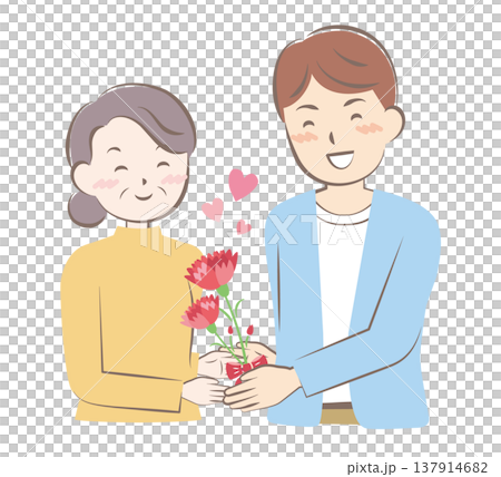母の日にカーネーションの花束を渡す男性 137914682