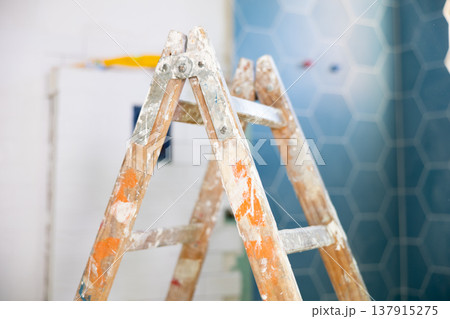 Stepladder in bathroom during renovation works Stepladder in bathroom during renovation works 137915275