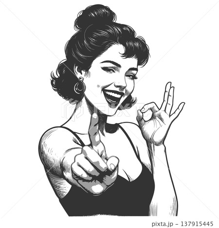 Smiling Woman Showing OK Gesture and Pointing 137915445