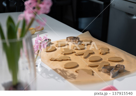 Easter Cooking With Gingerbread Cookie Shapes and Baking Tools Prepared for Spring Celebration Easter Cooking With Gingerbread Cookie Shapes and Baking Tools Prepared for Spring Celebration 137915540