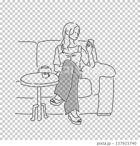 カフェでスマホを見る女性 座りポーズのモノクロ線画ファッションイラスト 137915740
